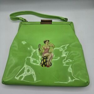 Vintage Lime Green Patent Vinyl Pin Up Girl Handbag Retro Frame Purse